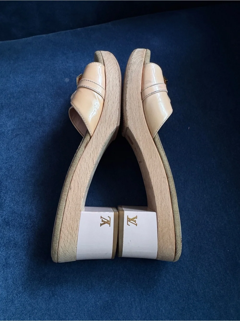 Louis Vuitton Signature Logo Wooden Tan pink Patent Leather Mule Sandals Size 38